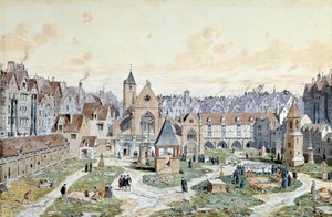 Vue du cimetière des Innocents à Paris en 1550