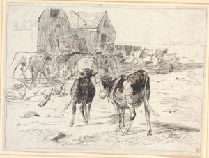 Récolte de foin à Saltholm. Veaux rassemblés autour des chariots près de la grange - Theodor Philipsen