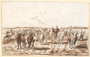 Bétail et chariot de traite dans un champ