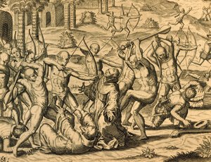 Martyr des moines missionnaires en Amérique du Sud, gravure de Historia americae, par Theodor de Bry (1528-1598), Francfort - Theodor de Bry