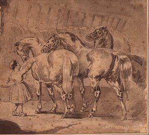 Petite fille nourrissant des chevaux dans une écurie - Theodore (attr. to) Gericault