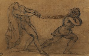 Un homme nu tiré par un autre homme