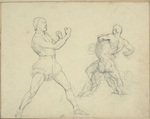 Boxeur face à droite et deux hommes en lutte