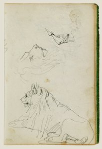 Lion assis, deux études de têtes de lion - Theodore Gericault