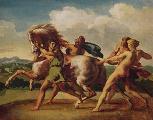 Esclaves arrêtant un cheval, étude pour "La Course des chevaux barbares", 1817