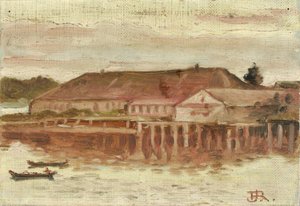 Bâtiments du poste de traite et du quai, Sitka, soirée - Theodore J. Richardson
