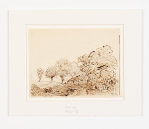 Paysage avec une cabane sous de grands arbres