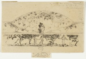 Jupiter et Alcmène et nymphes et satyres sur un médaillon de frise, étude pour la décoration d