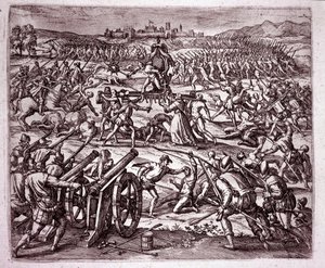 Un moine dominicain, se sentant moqué par le roi inca Atahualpa (Atabaliba), encourage Francisco Pizarro à se venger (Gravure) - Theodore de Bry