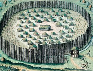 Un village indien fortifié, Illustration du Discours de la Floride, gravure