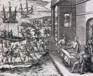 Accord entre Francisco Pizarro, Diego de Almagro et Hernando de Luque pour explorer et exploiter le Pérou - Theodore de Bry