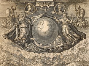 Allégorie des Indes occidentales ou des Amériques, avec portraits des navigateurs Christophe Colomb et Amerigo Vespucci