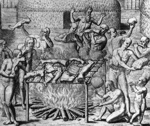 Repas anthropophage : Cannibales au Brésil - dans « Admirante Narratio Americae », par Théodore de Bry - Theodore de Bry