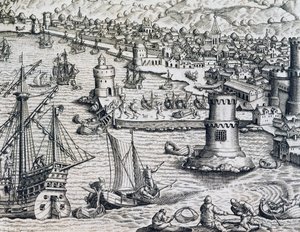 Arrivée de Girolamo Benzoni au port de La Palma, gravure de Historia Americae, par Theodor de Bry (1528-1598), Francfort