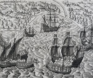 Bataille devant la ville de Matical dans la baie du Bengale, gravure de Indiae Orientalis, par Theodor de Bry (1528-1598)