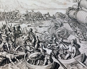 Affrontement entre Indiens natifs et troupes espagnoles, gravure tirée de Historia Americae, par Theodor de Bry (1528-1598), Francfort - Theodore de Bry