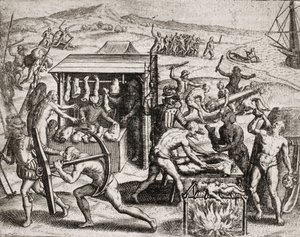 Description des crimes infligés aux Indiens par les colons espagnols - Les conquistadors espagnols faisant travailler les Indiens et les maltraitant - Indiens anthropophages - Gravure de Théodore de Bry dans "Narratio regionum indicarum per Hispanos quosda