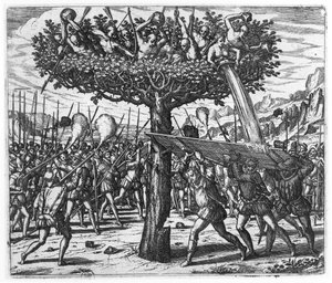 Indiens dans un arbre lançant des projectiles sur les Espagnols - Theodore de Bry