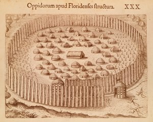 Village indigène en Floride, illustration de The Discourse of Florida par Theodore de Bry