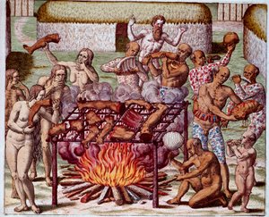 Scène de cannibalisme au Brésil. Les Indiens dévoraient leurs ennemis et prisonniers. Gravure de « Admirante Narratio Americae » par Théodore de Bry (1528-1598)