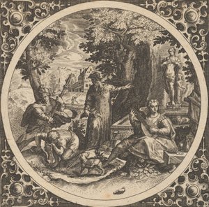 Scène avec un avertissement contre les maladies vénériennes dans un cercle au centre, 1580-1600 - Theodore de Bry