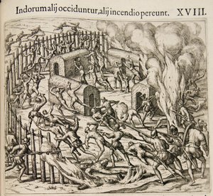 Certains Indiens sont tués, certains périssent dans un incendie. De : Americae pars qvarta