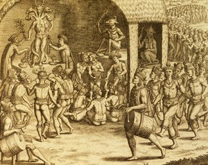 Rite religieux indigène sud-américain, gravure de Historia americae, par Theodor de Bry, Francfort