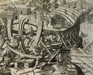 Marins espagnols construisant une caravelle, gravure tirée de Historia Americae, par Theodor de Bry - Theodore de Bry
