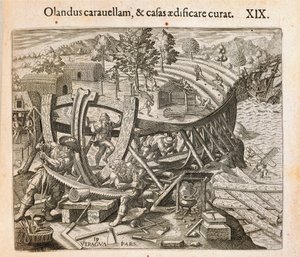 Les Espagnols construisant leur premier navire dans le Nouveau Monde, gravure de Theodor de Bry d