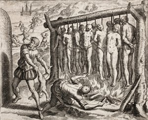 Treize victimes pendues et brûlées, représentation des crimes infligés aux Indiens par les colons espagnols dans "Narratio regionum indicarum per Hispanos quosdam devastatarum verissima" par Bartolomé de las Casas (gravure)