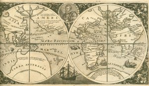 Page de titre de Americae Pars VIII avec un portrait de Francis Drake et son navire, le Golden Hind - Theodore de Bry