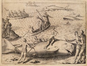 Chasse à la baleine près de Spitsbergen, gravure de Theodor de Bry (1528-1598) de India Orientalis (Inde Orientale)