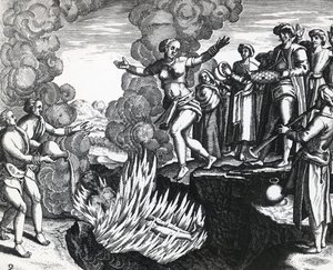 Femme se jetant sur le bûcher de son mari, par Theodor de Bry (1528-1598), gravure - Theodore de Bry