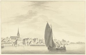 Le village de Gouderak avec un bateau à voile au premier plan