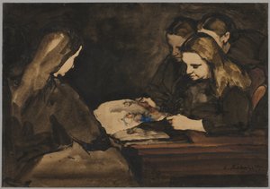 Quatre filles étudiant un dessin