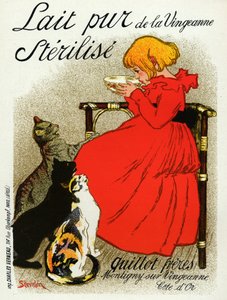 Alimentation et boissons. Lait de Vingeanne. Petite fille avec des chats. Affiche par Steinlen, France, vers 1890 - Théophile Alexandre Steinlen