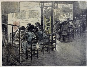 Sur la terrasse du café (Sur la vitrine est écrit « Absinthe 15 », « Pernod 20 ») - Théophile Alexandre Steinlen