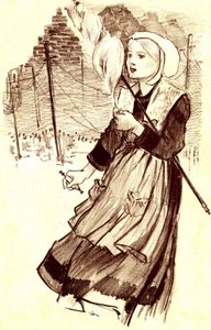 Jeune villageoise - fileuse - dessin (détail) par Steinlen (1859-1923) pour illustrer la chanson « Pourquoi files-tu ? » - fin du 19e siècle