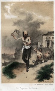Les flagellants de Coimbre : les Jésuites de Coimbra au Portugal font pénitence pour leurs péchés en public en se flagellant vers 1560. Gravure de 1845 dans "L
