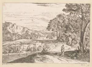 Arcadisch landschap met een een visser bij een beek - Théodore