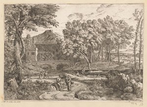 Paysage arcadien avec un troupeau de chèvres au bord de l