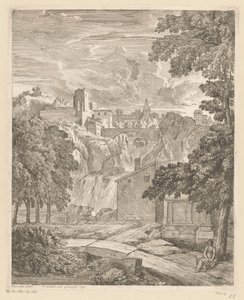 Paysage arcadien avec une cascade et une femme sous un arbre