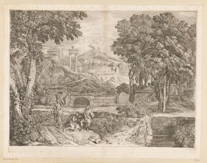 Paysage arcadien avec deux hommes et une femme portant des fruits - Théodore