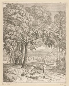 Paysage arcadien avec deux hommes et une femme portant un panier - Théodore