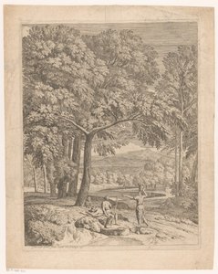 Paysage arcadien avec deux hommes et une femme portant un panier