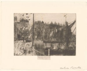 Vue de la ville avec des figures sur un quai décoré de drapeaux