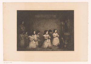 Groupe de filles en prière devant une statue de Marie - Théodule Augustin Ribot