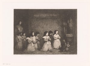 Groupe de filles en prière devant une statue de Marie (La Prière, Eaux-Fortes Modernes: Originales et Inédites) - Théodule Augustin Ribot