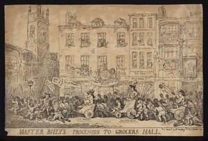 Procession de Maître Billy à Grocers Hall ; Satire politique sur la procession de William Pitt le Jeune à Grocers Hall pour recevoir la liberté de la ville de Londres