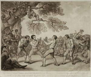 Le match de boxe entre Daniel Mendoza et Richard Humphreys à Stilton, Huntingdonshire, 6 mai 1789, gravé par Joseph Grozer - Thomas (after) Rowlandson